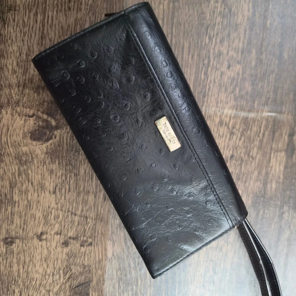 KATE SPADE Wallet Womens OS‎ Black Ostrich Embossed Leather Bow Bifold Wristlet